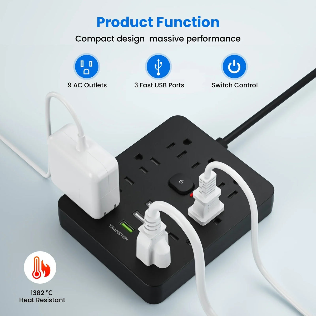 power strip Power Outlet with Surge Protector, 9 ac, 3 USB Ports, 10-Foot Extension Cord, Quick Charge, for Home and Office